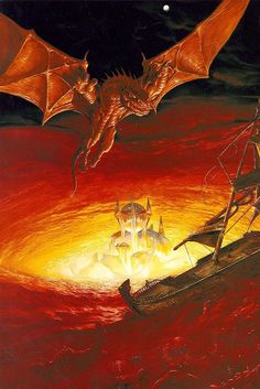 a dragon flying over a boat on top of a red water covered ocean with other boats in the background