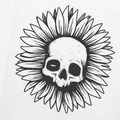 a drawing of a skull with a sunflower on it