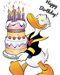 a cartoon duck holding a birthday cake with candles on it's face and the number eight