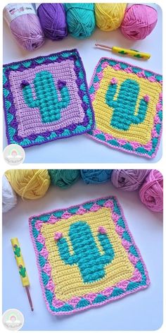 crocheted squares with smiley faces are shown in two different colors and one is made from