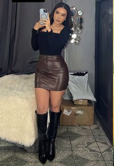 #fashion Leather Going Out Outfit, Leather Skirt Birthday Outfit, Leather Skirt Sweater Outfit, Fashion Outfits2023, Leather Skirt And Sweater Outfit, Leather Skater Skirt Outfit, Leather Skirt Winter Outfit, How To Style Leather Skirt, Concert Outfit Ideas Night