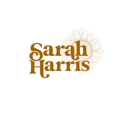 the logo for sarah harrs is shown on a white background with brown lettering