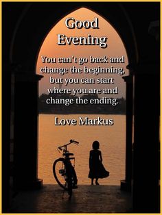 a woman standing next to a bike near the water with a quote about good evening