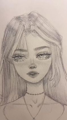 a pencil drawing of a girl with long hair and big eyes, wearing a necklace