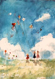 two children are flying kites in the sky