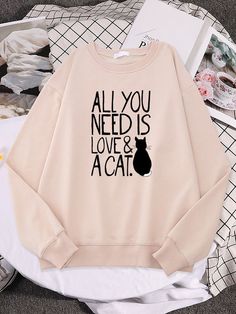 Relaxed Fit Long Sleeve Sweatshirt With Cat Print, Trendy Long Sleeve Sweatshirt With Cat Design, Casual Cat Print Sweatshirt In Relaxed Fit, Trendy Fall Sweatshirt With Cat Design, Casual Sweatshirt With Cat Print In Relaxed Fit, Casual Relaxed Fit Sweatshirt With Cat Print, Trendy Crew Neck Sweatshirt With Cat Design, Casual Relaxed Fit Sweatshirt With Cat Design, White And Black Cat