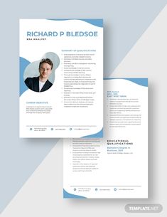 a blue and white resume template with an image of a man in a suit on it