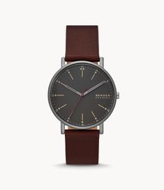 This 40mm Signatur watch features a midnight matte dial  stainless steel case  three-hand movement and cherry wood leather strap. Watch strap is interchangeable. Minimalist Watch, Red Wood, Leather Strap Watch, Three Hands, Skagen, Cherry Wood, Watches Jewelry, Watch Strap, Quartz Movement