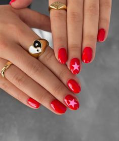 14th Birthday Nail Ideas, Small Nails Aesthetic, Red Pattern Nails, Girliesigns Account, 2 Color Nail Ideas, I Love Me Nails, Short Funky Nails, Nails Simple Short, Gay Nails