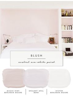 a bedroom with pink walls, white furniture and bookshelves on the shelves above it