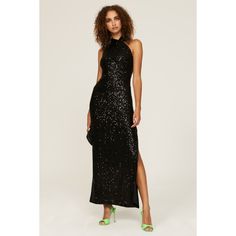 Black polyester blend (90% Polyester, 5% Metallic, 5% Elastane). A-Line. Halter. Sleeveless. Back zipper closure. 57.5" from shoulder to hemline. Imported. Roy Black, Rent The Runway, Rachel Roy, Closet Designs, Black Sequins, Sleeveless Formal Dress, Sequin, Cocktail Dress, A Line