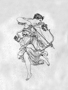 an ink drawing of a woman holding a bow and arrow in her hand, with flowers on it