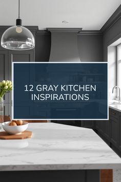 a kitchen with gray cabinets and white counter tops