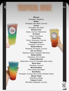 the tropical base menu is shown with drinks