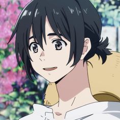 an anime character with black hair and brown eyes looking at the camera in front of pink flowers