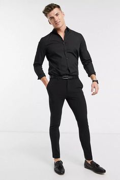 Jeans And Dress Shirt, Polo Long Sleeve Outfit Men, Black Shirt Combination, Long Sleeves Outfit Men, Black Shirt Dress Outfit, Dress Shirt Outfit, Black Outfit Men