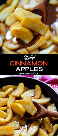 cinnamon apples are being cooked in a skillet