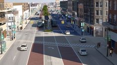 an artist's rendering of a city street with cars and buildings on both sides