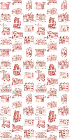 a red and white wallpaper with many different types of buildings on it's sides