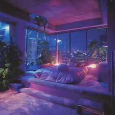 a bedroom with purple lighting and plants in the window sill, on top of a bed