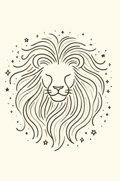 a black and white drawing of a lion's head with stars in the background