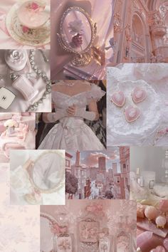 a collage of pink and white images