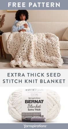 a woman sitting on a couch with a crochet blanket over her and the text, extra thick seed stitch kit blanket