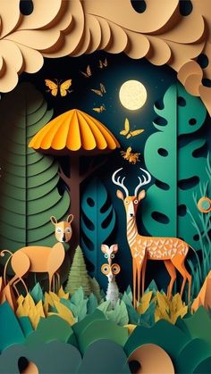 paper art depicting deer in the forest at night