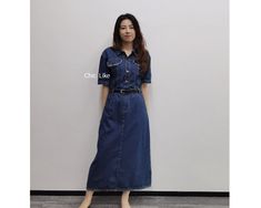 Item No. SZ35 Material: Cotton Color: Blue US Size: XS, S, M, L, XL, 1XL - Handcrafted. - Denim Dress. - Midi Length. - Pockets. - Belted. - Collared.  - A Line. - Button Front. - Short Sleeve. - Made ethically with a lot of love and care. Fall Short Sleeve Denim Dress, Fall Denim Dress With Short Sleeves, Midi Dress With Pockets, Denim Midi Dress, Dress Denim, Belted Shirt Dress, Dress With Sleeves, Sleeves Dress, Midi Dress With Sleeves