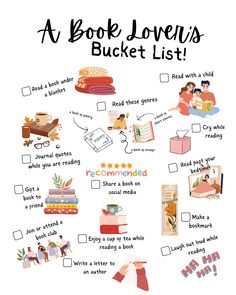 a book lover's bucket list is shown in this graphic, which includes books and other items