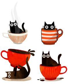 three cats are sitting in coffee cups