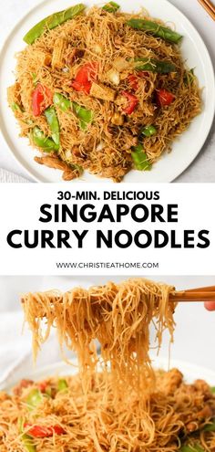 30-min. Singapore Curry Noodles. Curry seasoned rice noodles stir fried with juicy savoury chicken and vegetables! #singapore noodles recipes #chinese noodle recipes #singapore food recipes Thai Rice Noodle Recipes, Singapore Noodles Chicken, Mai Fun, Singapore Rice Noodles, Singapore Recipes, Glass Noodles Recipe, Vermicelli Recipes, Rice Noodle Recipes