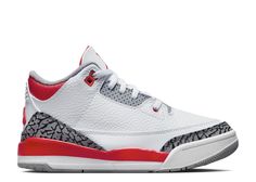 Air Jordan 3 Retro PS 'Fire Red' 2022 - Air Jordan - DM0966 160 - white/fire red/cement grey/black | Flight Club Red Jordan 3, Baddie Stuff, Jordan 3s, Grey Jordans, Red Jordans, Flight Club, Jordan 3 Retro, Air Jordan 3 Retro, Cement Gray