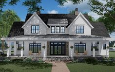 this is an artist's rendering of the front elevation of a house with porches and windows