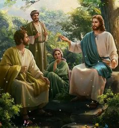 jesus is talking to the three men in the forest, with one pointing at something