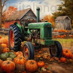 a painting of an old tractor surrounded by pumpkins