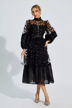 The Lillie Black Mesh Flower Midi Dress exudes elegance and sophistication. With its delicate, three-dimensional flowers and sheer mesh fabric, this dress is a true showstopper. The puff sleeves add a touch of femininity, while the waist slimming design ensures a flattering fit. Perfect for special occasions or evening events, this dress is a must-have for every fashion-forward woman. Dress Length: Approx 123cmMaterials: PolyesterGentle Dry Clean Only The model is 5 ft 7 and wears size S Color Dantel Dress, Svecane Haljine, Evening Wear For Women, Flower Midi Dress, Glitter Wedding Dress, Bandage Midi Dress, Woman Dress, Floral Shirt Dress, Travel Party