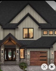 Beige With Black Trim Exterior, Dark Beige House Exterior, New Home Exterior Ideas, Vinal Siding, Farmhouse Siding, Modern Mountain Home Exterior, Brown House Exterior, Modern Farmhouse Exterior Colors