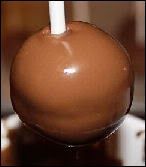 a close up of a chocolate apple on a stick