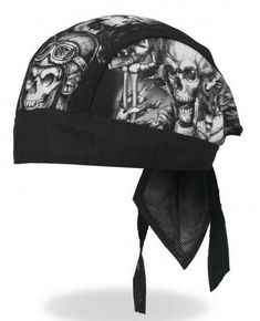 This brand new Smokin' Five Skulls Design Headwrap is lightweight and equipped with a sewn-in sweatband, high quality micro-fiber panels and mesh lining to wick away moisture. This headwrap features an all over design of original artwork featuring five different skulls from front to back and a pistol toting skull on each side. It ties in the back and can be worn alone or under a helmet. Machine wash. One size fits most. Look your biker best and represent the lifestyle in authentic motorcycle app Skulls Artwork, Skulls Design, Biker Tattoos, Doo Rag, Biker Lifestyle, Motorcycle Outfit, Skull Design, Bad Hair Day, Head Wrap