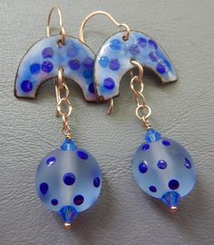 A combination of my own hand enameled findings with artisan made lamp-work beads Earrings hang approximately 2  inches Other metal components, unless otherwise specified, made by me in my Maine studio Hand-forged gold filled ear wires One pair Shipped gift boxed Blue Pierced Copper Earrings, Blue Copper Pierced Earrings, Blue Artisan Copper Earrings, Artisan Blue Copper Earrings, Unique Blue Copper Earrings, Hand Painted Blue Enamel Earrings, Artistic Blue Czech Glass Jewelry, Unique Hand Painted Blue Earrings, Blue Dots