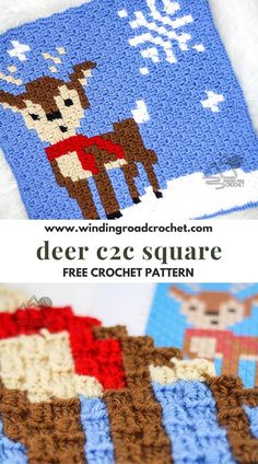 a crochet pattern for deer and snowman on a blanket with text overlay