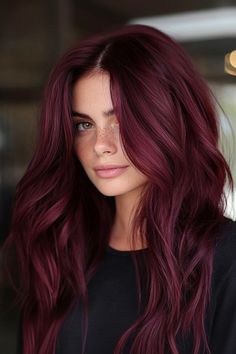 Make a bold statement this winter with cherry-bloom burgundy hairstyles! #BurgundyHair #WinterHairGoals #CherryBloomVibes #HairColorInspo #BoldAndBeautiful #Longcurls Cherry Hair Highlights, Cherry Burgundy Hair, Deep Cherry Red Hair Burgundy, Wine Colored Hair, Dark Maroon Hair, Burgundy Hairstyles, Burgundy Dreads, Cranberry Hair, Crimson Red Hair