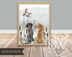 two dogs are sitting next to each other in front of a bird and watercolor painting