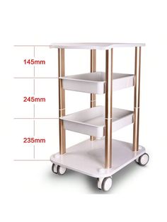 three tiered cart with wheels and measurements for each shelf, including the top half