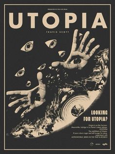 an advertisement for utopia featuring hands reaching out to eyeballs in the sky, with text that reads utopia looking for utopia?