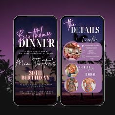 the birthday dinner flyer is displayed in front of palm trees and purple sky at night