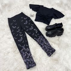 The comfy stretchy Cuffed Pants you know and love, now featuring a super detailed Hawk Moth print. Each moth has been lovingly hand placed by our in-house design team to create this perfect design.

We've paired it here with our Black Sleek Rio Top, some black stompy platform shoes and silver spiderweb earrings (both moth earrings would be SO cute).