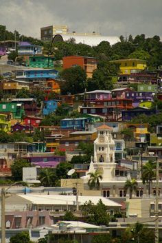 a city with lots of colorful houses on top of the hill in front of trees