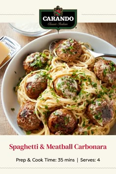 Photo of a bowl of spaghetti with meatballs. Below, text reads Spaghetti & Meatball Carbonara. Prep & cook time is 35 minutes, and the recipe serves 4. Spaghetti And Meatball Carbonara, Delicious Food Recipes Easy, Best Pasta Carbonara Recipe, Best Spaghetti Meatball Recipe, Meatball Carbonara, Spagetti And Meatball Recipe Best, Fresh Meatballs, Quick Carbonara Recipe, Turkey Meatball